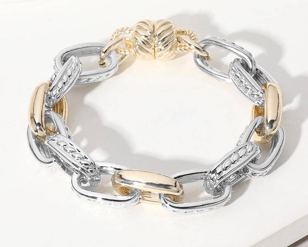 14K Gold Plated Mixed Metal Magnetic Closure Bracelet